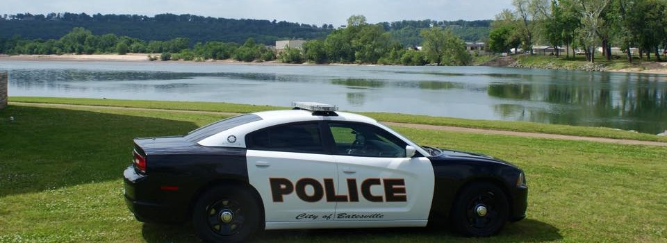 police car in grass by a river